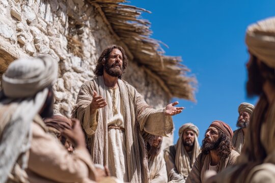 Jesus teaches and guides his apostles amidst a rural setting under a clear sky in ancient times