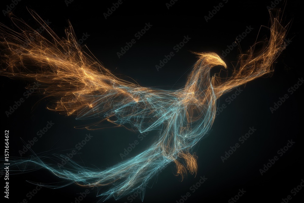 Poster computer generated representation of a phoenix bird soaring through the dark sky with a fiery color 