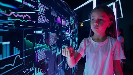 Girl touches screen reviewing data graph learning technology through interactive charts exploring future data trends on digital screen showcasing child learning future data graph technology scene - Powered by Adobe