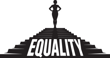 Silhouette of woman standing on stairs with bold equality text symbolizing strength and equal rights