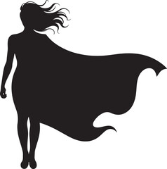 Silhouette of superhero woman with flowing cape symbolizing female power strength courage and leadership