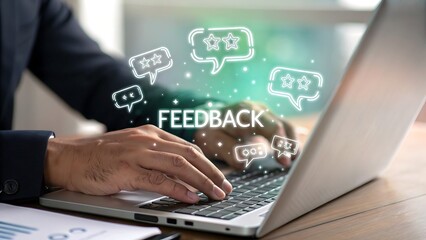 Photo of a man is typing on his laptop, and feedback icons with stars appear, symbolizing online customer reviews and business communication
