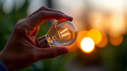 A photo-realistic shoot from a close-up camera angle about a hand holding a glowing light bulb during sunset. the hand is positioned in the middle of the image, with the hand holding the light bulb in