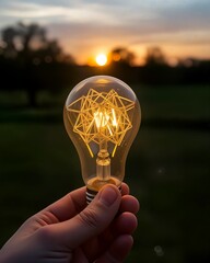 A photo-realistic shoot from a close-up camera angle about a hand holding a glowing light bulb during sunset. the hand is positioned in the middle of the image, with the hand holding the light bulb in