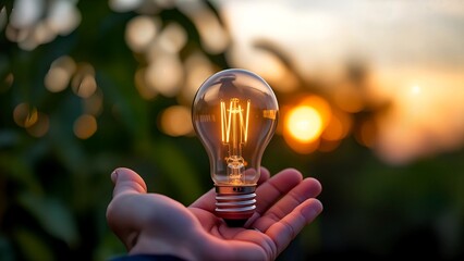 A photo-realistic shoot from a close-up camera angle about a hand holding a glowing light bulb during sunset. the hand is positioned in the middle of the image, with the hand holding the light bulb in