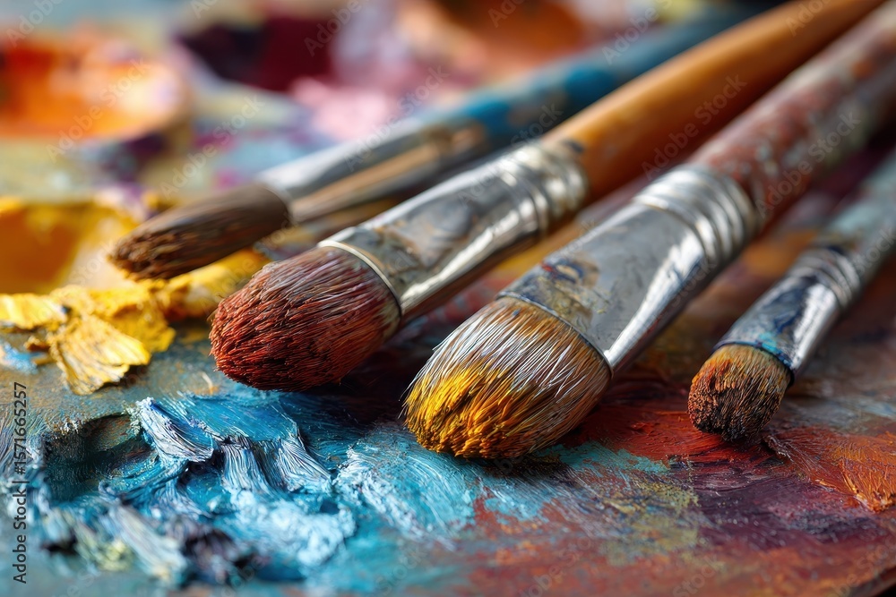 Poster modern fine art tools arranged on a vibrant palette showcasing an array of colorful paint for artist