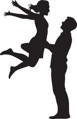 Happy Couple Silhouette Man Lifting Woman Joyful Pose Black and White Vector Love Illustration Art