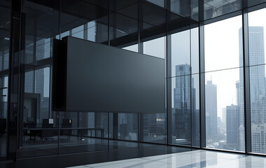 Fototapeta premium Modern Office with Blank Screen and Cityscape View