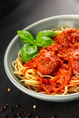 Spaghetti meatballs tomato sauce Italian recipe fresh delicious gourmet food background on the table rustic food top view copy space