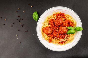 Spaghetti meatballs tomato sauce Italian recipe fresh delicious gourmet food background on the table rustic food top view copy space