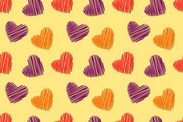 Seamless romantic pattern with colored hearts on a yellow background. Vector illustration for projects