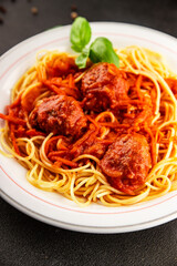Spaghetti meatballs tomato sauce Italian recipe fresh delicious gourmet food background on the table rustic food top view copy space