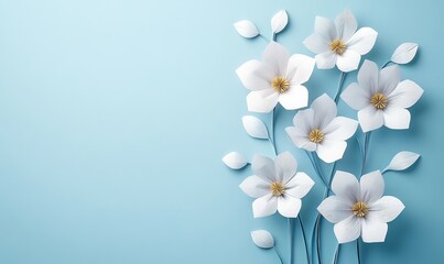 white flowers isolated on a light blue background.