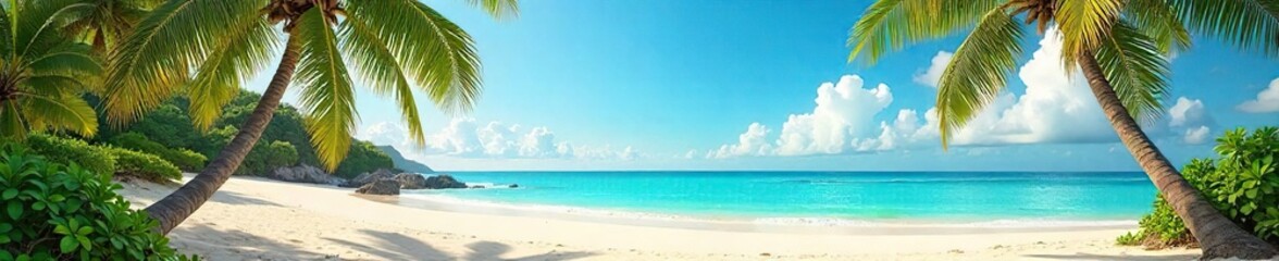 Sunlit Tropical Beach Paradise Turquoise Waters, Golden Sands, Swaying Palms