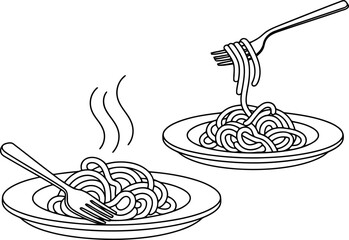  two plates of spaghetti, one with a fork lifting noodles and another steaming, all in a black and white outline style. 