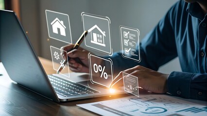 Photo of a man is using a laptop to review real estate options, checking a checklist and percentage details