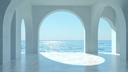 White arches overlooking the ocean: a serene coastal view with architectural beauty
