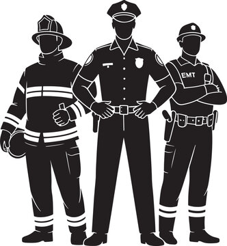 Silhouette of Firefighter Police Officer EMT Standing Together for First Responder Hero Appreciation Design