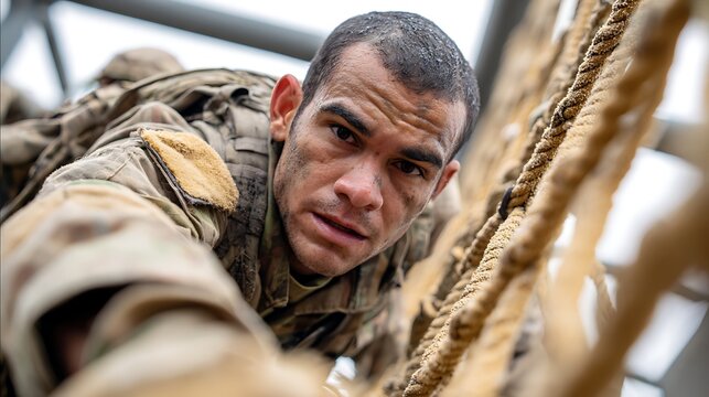 A determined soldier climbs a rope obstacle, showing focus and effort during training.
