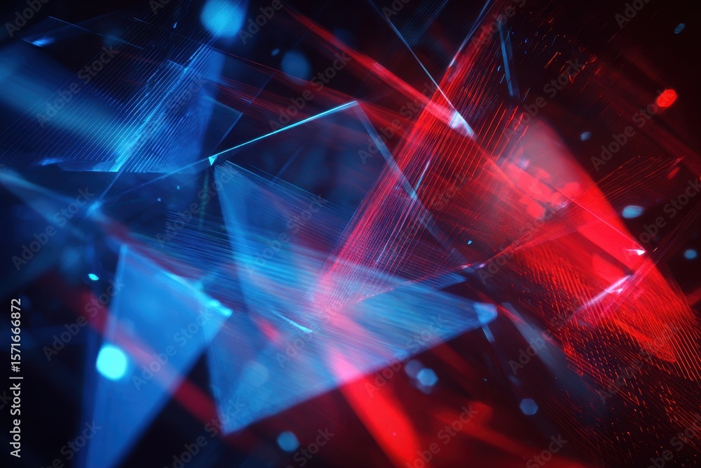 Poster dynamic interplay of blue and red triangular shapes creates an abstract visual experience with sharp