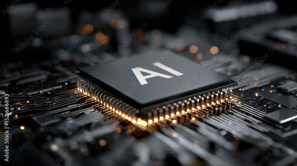 Poster the image features a highly detailed close-up of an ai chip mounted on a complex circuit board. the 
