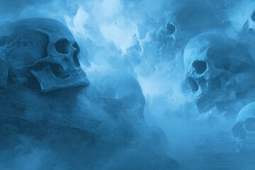 Skulls of the dead illuminated in ethereal blue light with foggy atmosphere creating a haunting and eerie experience in a surreal landscape