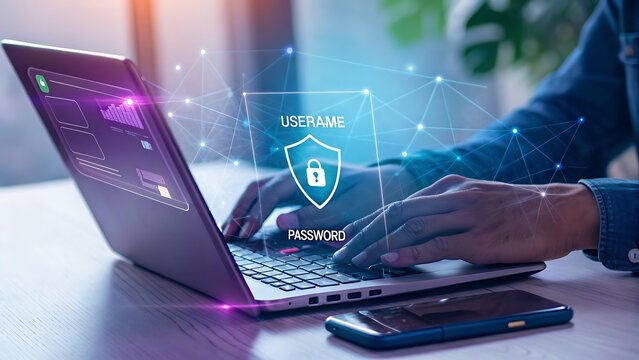 Photo of a person types on a laptop with a holographic display showing a username and password protected by a shield icon, emphasizing online security