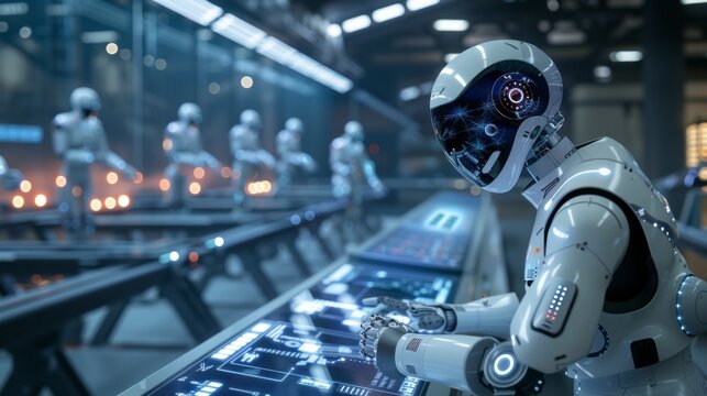 Futuristic robotic assembly line showcasing humanoid robots interacting with advanced technology in a sterile environment.