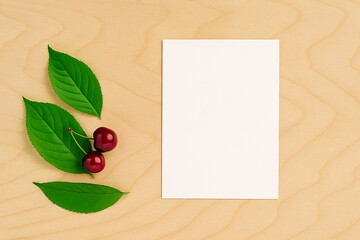 Cherries and green leaves on white background with copy space


