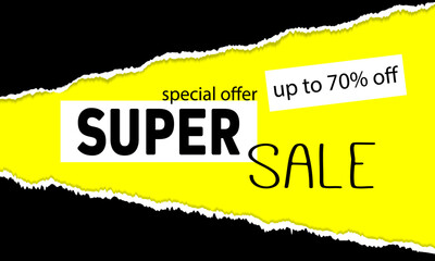 Vector background for advertising sales with discounts up to 70%. A template for drawing attention to purchases. Black torn paper on a yellow background with an advertisement for discounts.