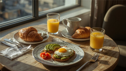 Delicious healthy breakfast with croissants, avocado toast, orange juice, and sunny morning light. Ideal for food blogs and nutrition ads.