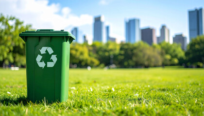 Plastic trash container with recycling symbol in grassy park, urban skyline in view. Sustainability