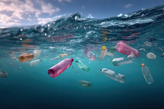 Plastic bottles drifting in ocean waters under a clear sky at midday highlighting the ongoing issue of marine pollution and environmental impact - Powered by Adobe