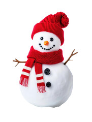 Cheerful Snowman in Red Scarf isolated on white or transparent background, png clipart, design element. Easy to place object on any other background.