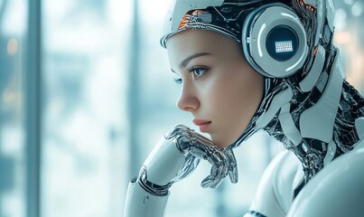 a futuristic cyborg woman with a pensive expression.