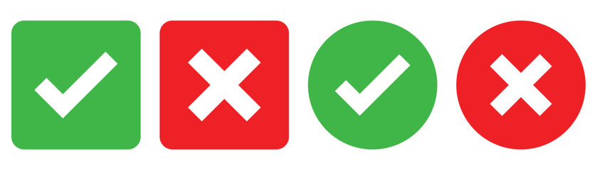 Obraz premium Green check mark, red cross mark icon set. Vector illustration.