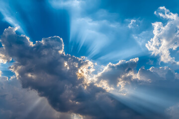 Sun rays breaking through a cloudy sky with a blend of light and shadows