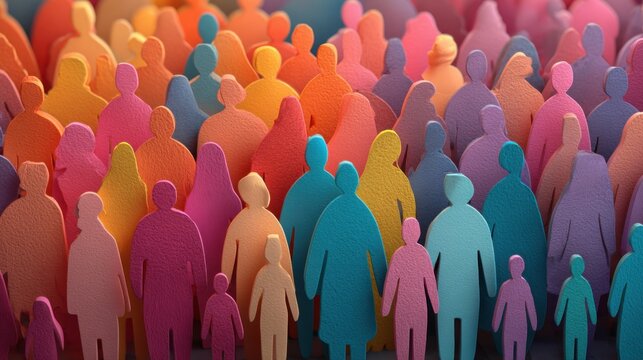 A vibrant collection of paper cutout figures in various colors fills the space, symbolizing diversity. They are organized in a way that showcases unity within a community setting at a workshop.