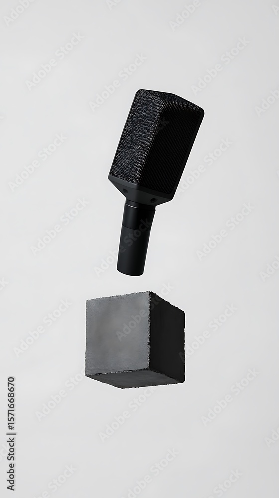 Poster a black square microphone floats above an abstract textured block, both against a white background