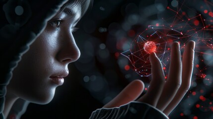 A young woman interacts with a holographic network, pushing technology to future innovations elegantly.