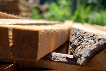Nearby sunlight highlights the texture of freshly cut wooden planks stacked beside rough logs in a...