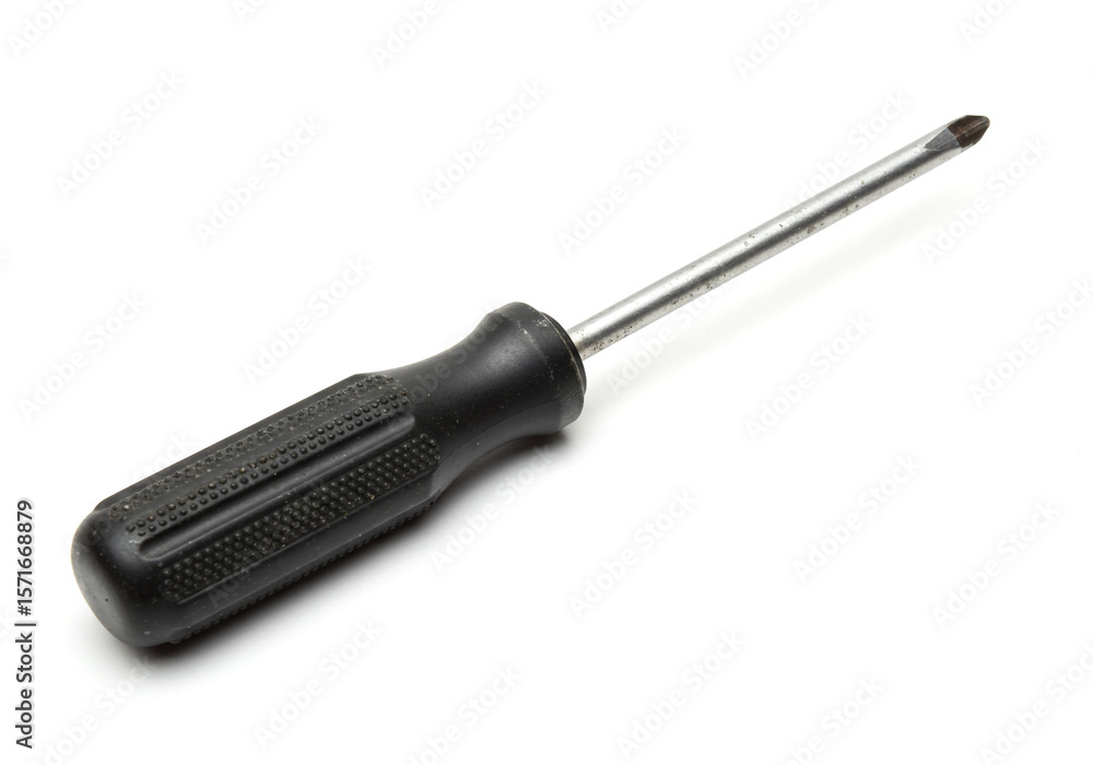 Poster isolated image of a phillips head screwdriver with a black handle on a white background surface