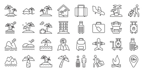 Solo Island Escapes set of web icons in line style. solo travel, island escape, solo island trip, solo adventure and tropical island. Vector illustration