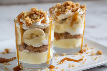 Delicious banana pudding parfaits with Biscoff crumble and caramel drizzle on a white plate in a cozy kitchen setting