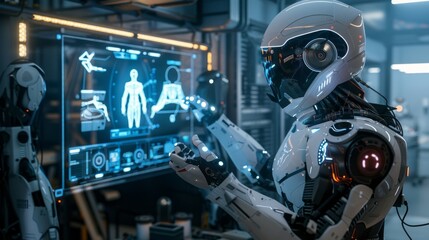 Futuristic humanoid robot analyzing medical data on a screen in a laboratory setting precisely.