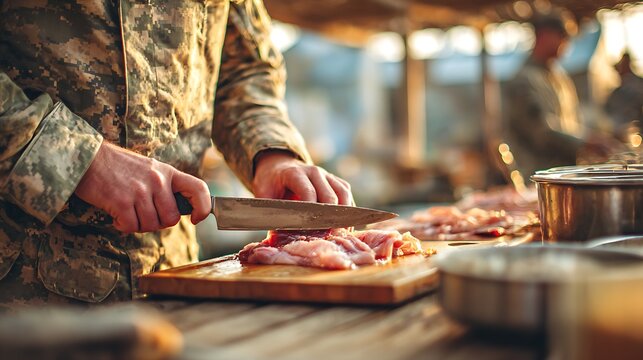 A person in camouflage uniform carefully cuts meat on a wooden cutting board. - Powered by Adobe