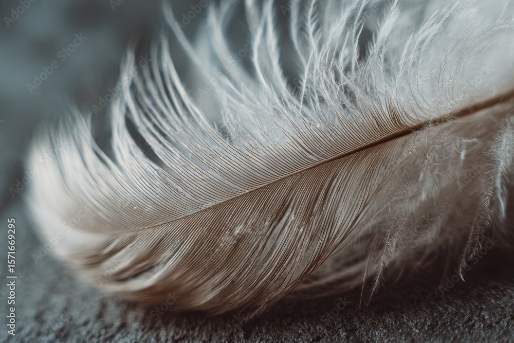 Poster close up of a delicate white feather resting on a soft gray background, capturing intricate details 