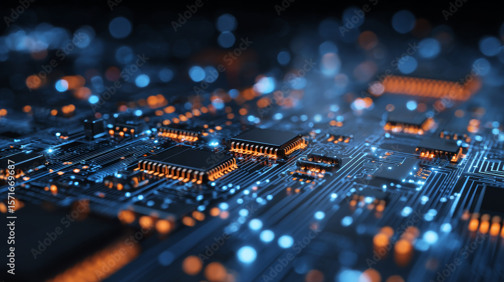 Poster ai glowing circuit board background. connected blue lines with hi-tech electronics elements. compute