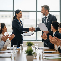 business people shaking hands in meeting. Boss praising proud Indian female employee. congratulating with corporate success, handshaking, express appreciation and recognition, colleagues clap hands.