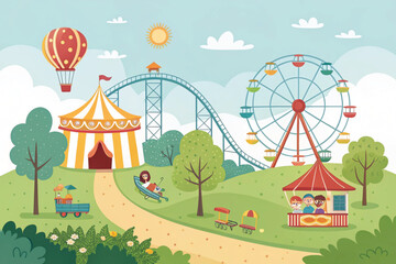 summer landscape with a rainbow. Amusement park, carnival or festive fair cartoon vector illustration. Rollercoaster, circus tent and ferris wheel, elements for children summer fun